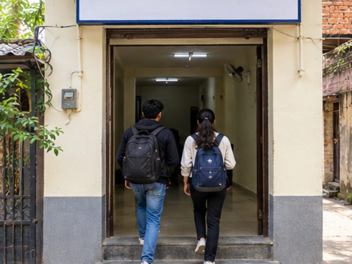 Entrance of WINGS Academic Excellence in Hazaribag, students walking in