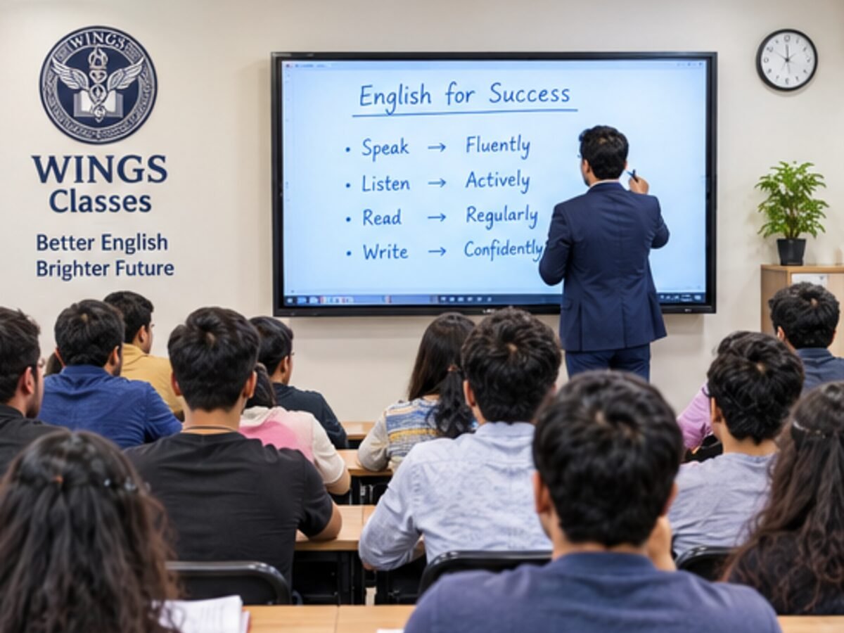 English speaking class in progress at WINGS Hazaribag, students seated facing the digital board