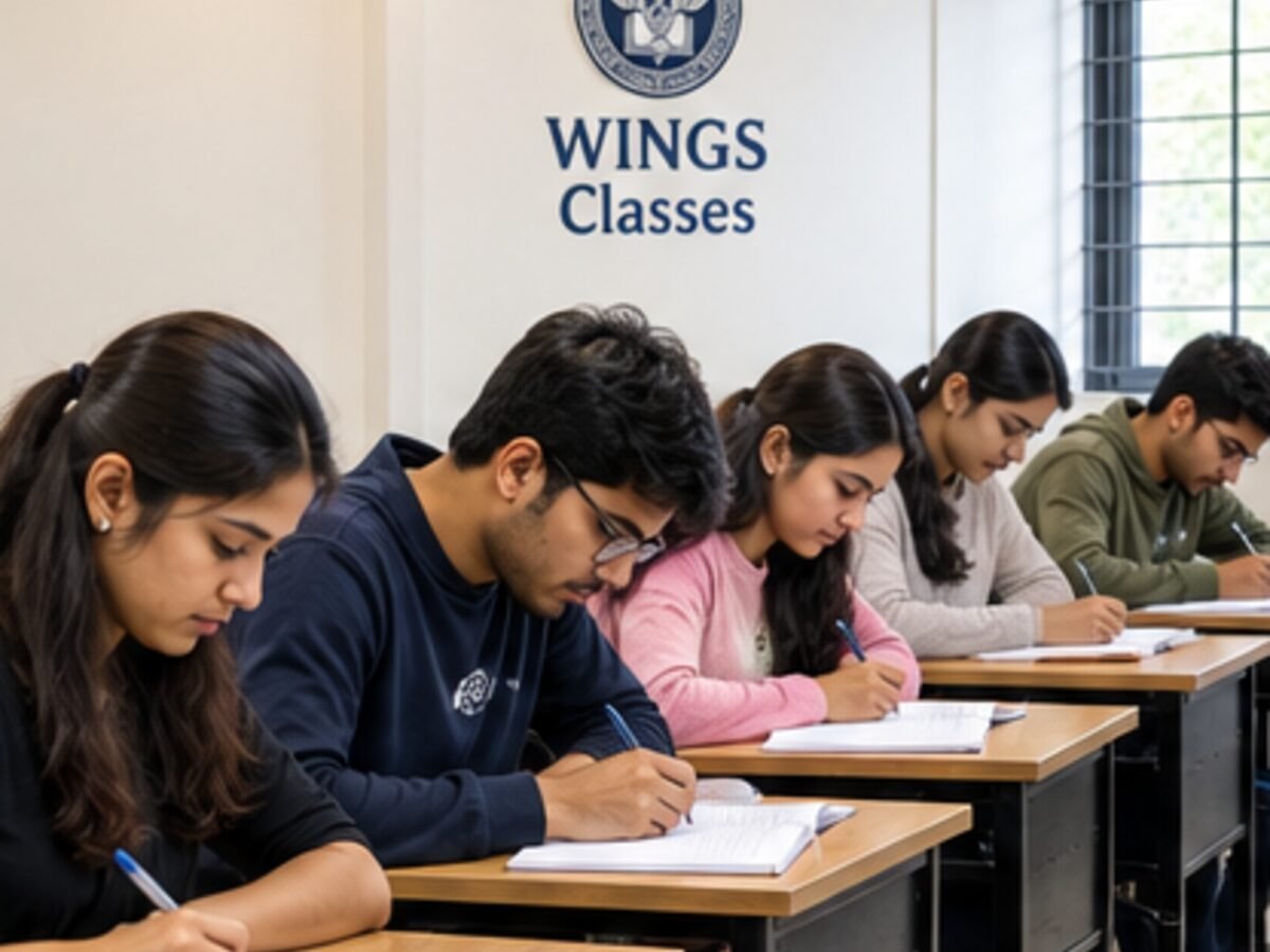 Students taking notes at their desks during a class at WINGS Hazaribag