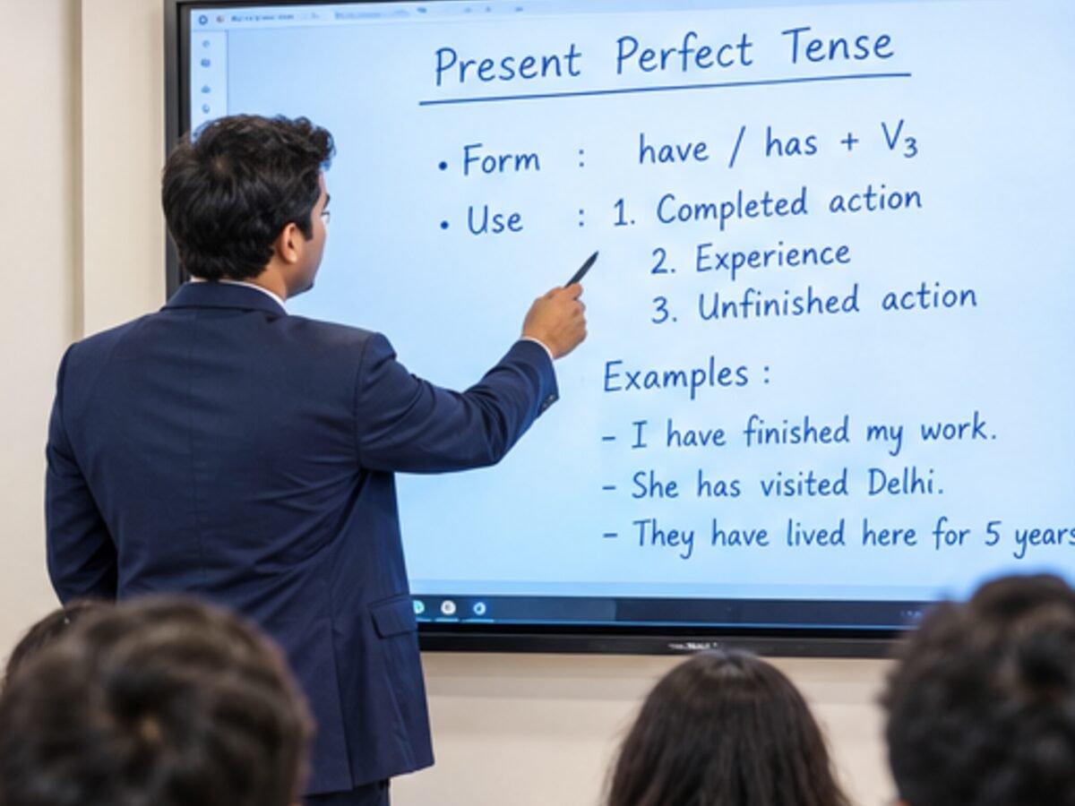 Teacher explaining present perfect tense on the interactive digital board at WINGS